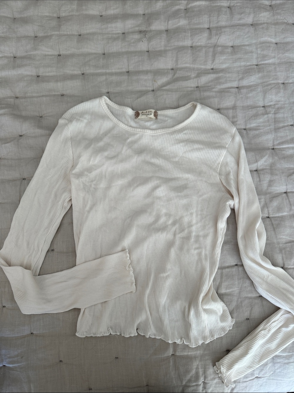 Altar'd State Cream Ribbed Long-Sleeve Lettuce-Hem Top